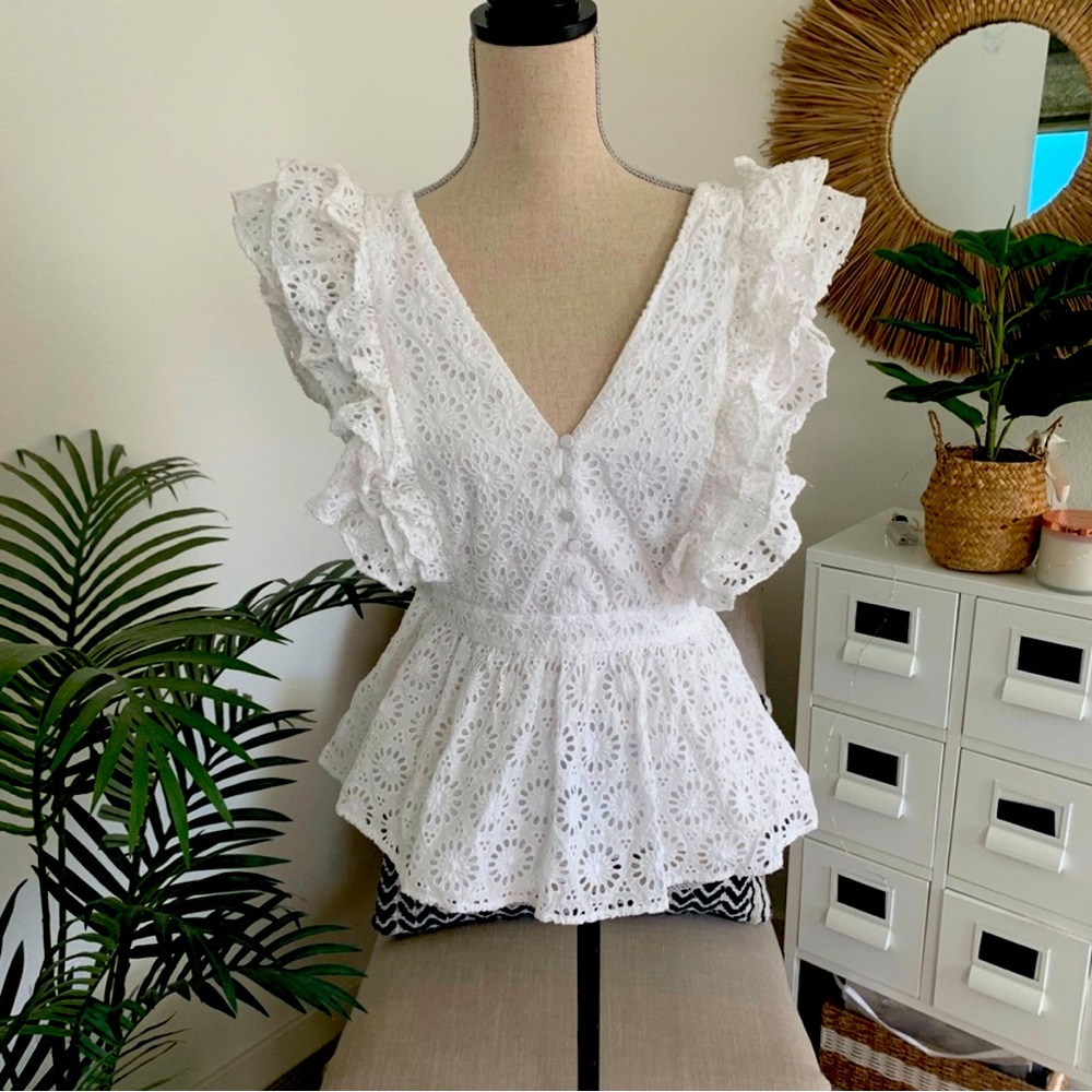 J Crew White Lace Eyelet Ruffle Sleeve Peplum V-Neck Cotton Blouse Top 4